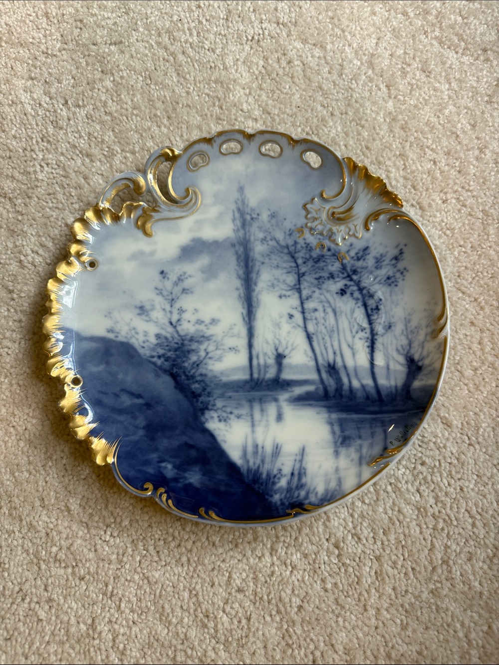 “Feu de Four” Blue and White Scenic Porcelain Accent Plate with Gilded Edge